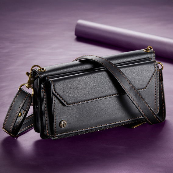 Klopové pouzdro pro Samsung Galaxy A17 5G, peněženkové pouzdro se zámkem a popruhy - černé