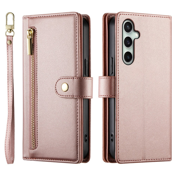 Klopové pouzdro pro Samsung Galaxy S24 FE, Wallet Zipper Pocket, růžové