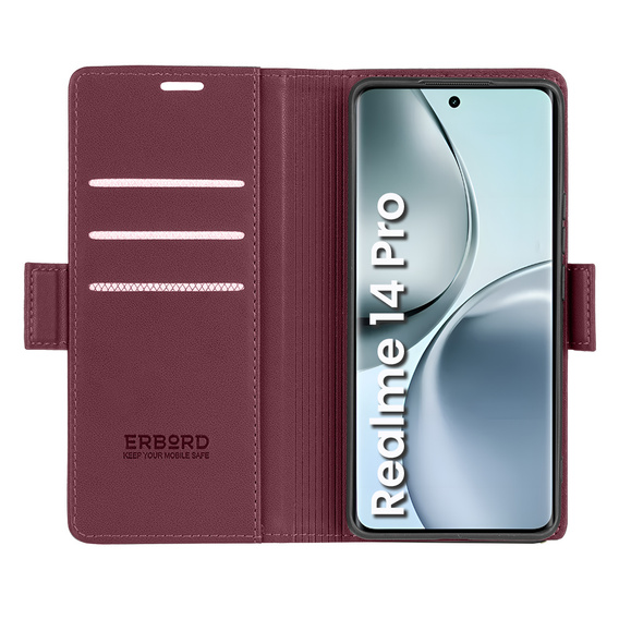 Pouzdro pro Realme 14 Pro 5G, ERBORD Glossy Litchi, flipová peněženka, červené