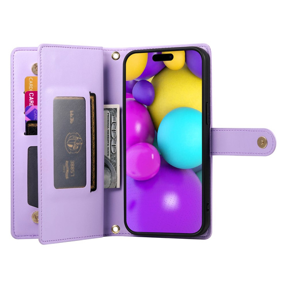 Klopové pouzdro pro iPhone 16 Plus, Wallet Zipper Pocket, fialové