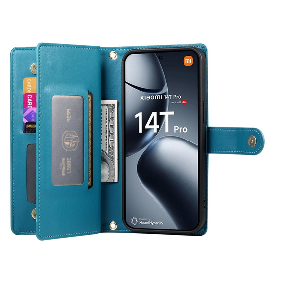 Klopové pouzdro pro Xiaomi 14T Pro, Wallet Zipper Pocket, modré