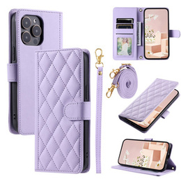 Pouzdro s klopou pro iPhone 16 Pro, Rhombus Crossbody Leather, fialové
