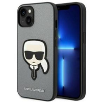 Pouzdro Karl Lagerfeld pro iPhone 14, Saffiano Karl's Head Patch, stříbrné