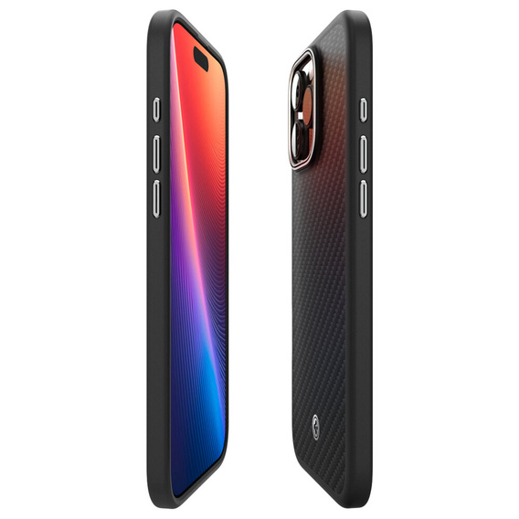 Pouzdro Spigen pro iPhone 16 Pro, Enzo Aramid MagSafe, karbonově černá / stříbrná + 9H tvrzené sklo