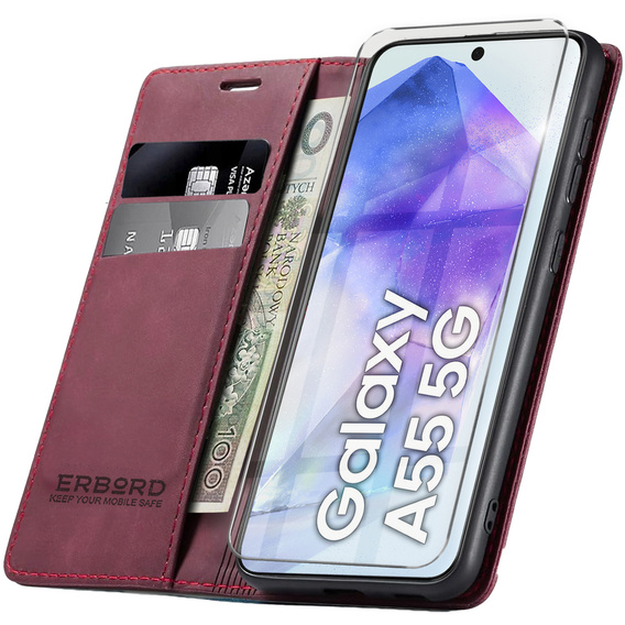 Pouzdro pro Samsung Galaxy A55, ERBORD Vintage peněženka s klopou, červené + sklo na displej