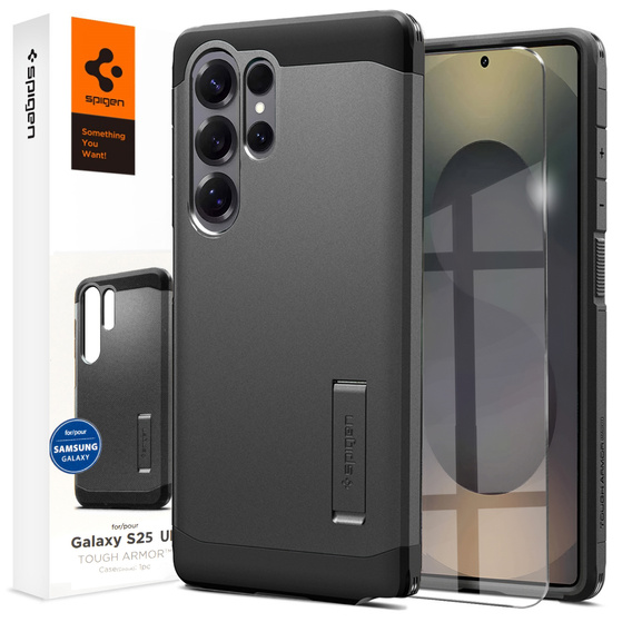 Pouzdro Spigen pro Samsung Galaxy S25 Ultra, Tough Armor Mag MagSafe, šedé + 9H tvrzené sklo