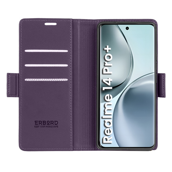 Pouzdro pro Realme 14 Pro+ 5G, ERBORD Glossy Litchi, flipová peněženka, fialové