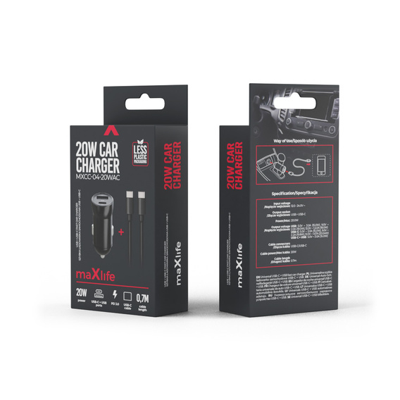 Maxlife PD/QC 20W automobilová nabíječka s kabelem USB-C – USB-C 60W pro smartphony, tablety, navigace a další zařízení s USB/USB-C