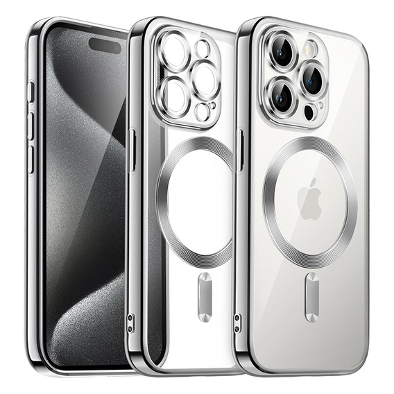 Pouzdro pro iPhone 15 Pro Max, Electro MagSafe, stříbrné + sklo na displej