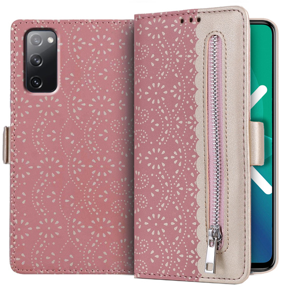 Flipové pouzdro pro Samsung Galaxy S20 FE/5G, Wallet Pocket Zipper Lace, růžové