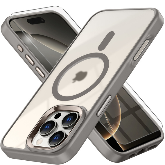 Pouzdro pro iPhone 16 Pro Max, pro MagSafe, ERBORD Matt Case, transparentní / titanová + sklo na displej