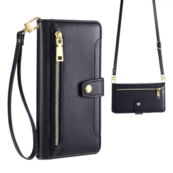 Klopové pouzdro pro iPhone 16E, Wallet Zipper Pocket, černé