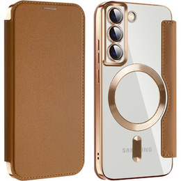 Klopové pouzdro pro Samsung Galaxy S22 5G, RFID Wallet MagSafe CamShield, hnědé