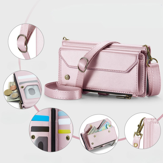 Pouzdro CASEME pro Samsung Galaxy Z Fold6 5G, RFID Leather Wallet, s popruhem přes rameno, růžové