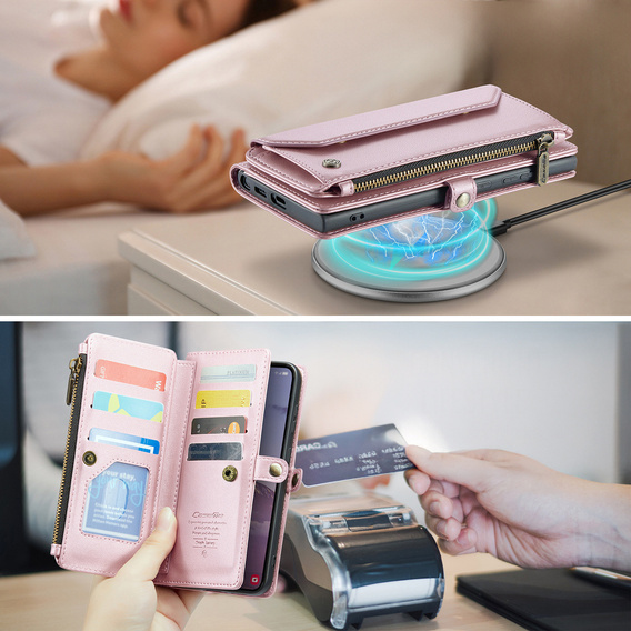 Pouzdro CASEME pro Samsung Galaxy S25 FE, RFID Leather Wallet, s popruhem přes rameno, růžové