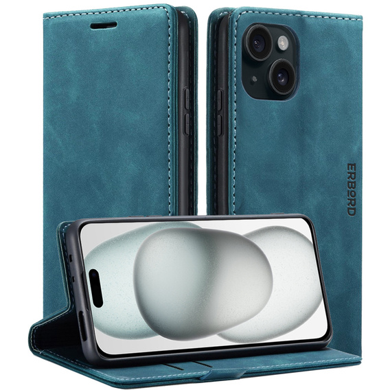 Pouzdro pro iPhone 15, ERBORD Vintage peněženka s klopou, modré