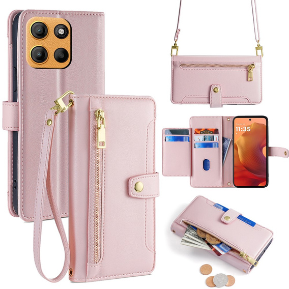 Klopové pouzdro pro Motorola Moto G15 / G15 Power, Wallet Zipper Pocket, růžové