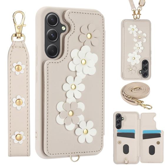 Pouzdro pro Samsung Galaxy A55 5G, Leather Flower Card Slot, béžové