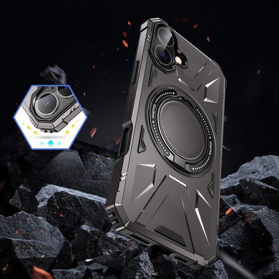 Pouzdro pro iPhone 16, pancéřované se stojánkem a deskou na rukojeť, šedé
