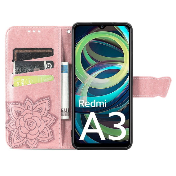 Klopové pouzdro pro Xiaomi Redmi A3, Butterfly, růžové rose gold