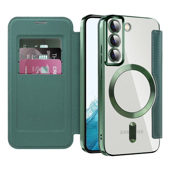 Klopové pouzdro pro Samsung Galaxy S22 5G, RFID Wallet MagSafe CamShield, zelené