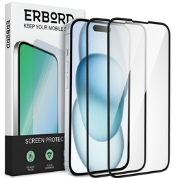 2x tvrzené sklo pro iPhone 15, ERBORD 3D pro celý displej