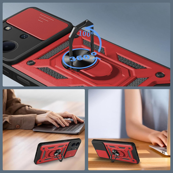 Pancéřové pouzdro pro Xiaomi Redmi 15C 4G/LTE, s ochranou fotoaparátu, se stojánkem, červené