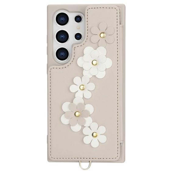 Pouzdro pro Samsung Galaxy S24 Ultra, Leather Flower Card Slot, béžové