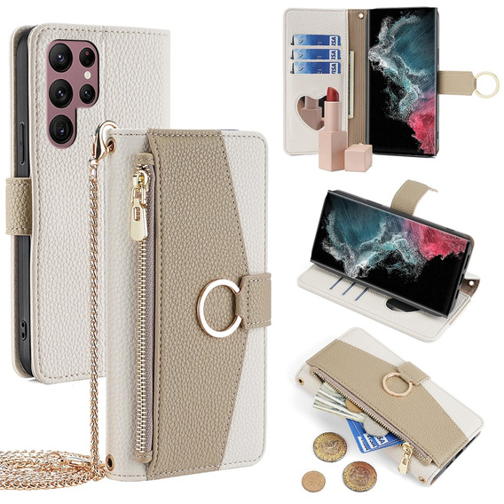 Flipové pouzdro Wallet Zipper Pocket pro Samsung Galaxy S22 Ultra, Wallet Zipper Pocket, se zrcátkem, bílé
