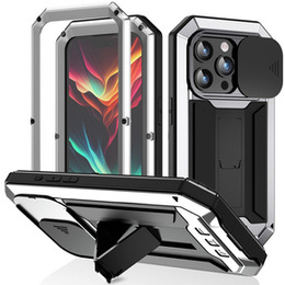 Pouzdro pro iPhone 15 Pro, R-JUST CamShield Slide, pancéřované, stříbrné / černé