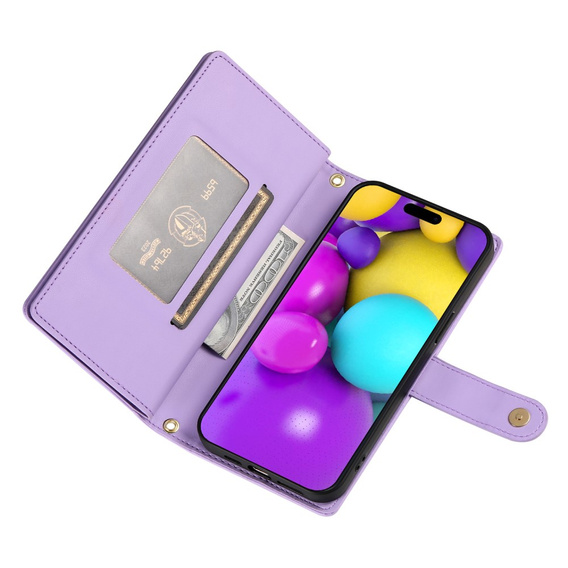 Klopové pouzdro pro iPhone 16 Plus, Wallet Zipper Pocket, fialové