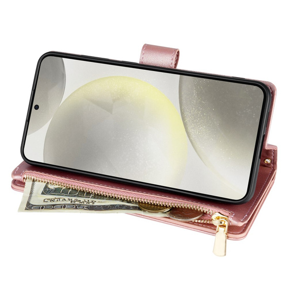 Pouzdro s klopou pro Samsung Galaxy S25 Edge, Rhombus Crossbody Leather, růžové rose gold