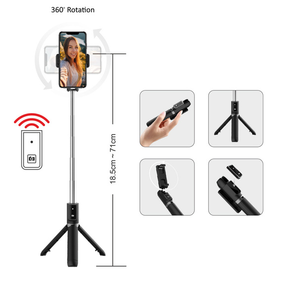 Selfie tyč Coco P-04 s funkcí stativu a dálkovým ovládáním Bluetooth, pro smartphony o šířce 6,5 cm až 9,5 cm