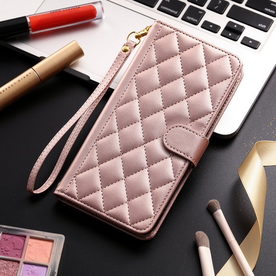 Pouzdro s klopou pro Samsung Galaxy A16, Rhombus Crossbody Leather, růžové rose gold