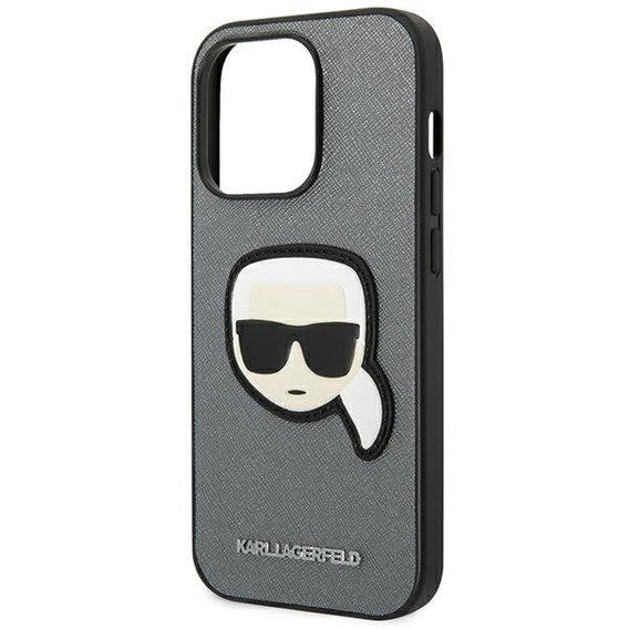 Pouzdro Karl Lagerfeld pro iPhone 14 Pro Max, Saffiano Karl's Head Patch, stříbrné