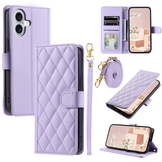 Pouzdro s klopou pro iPhone 16 Plus, Rhombus Crossbody Leather, fialové