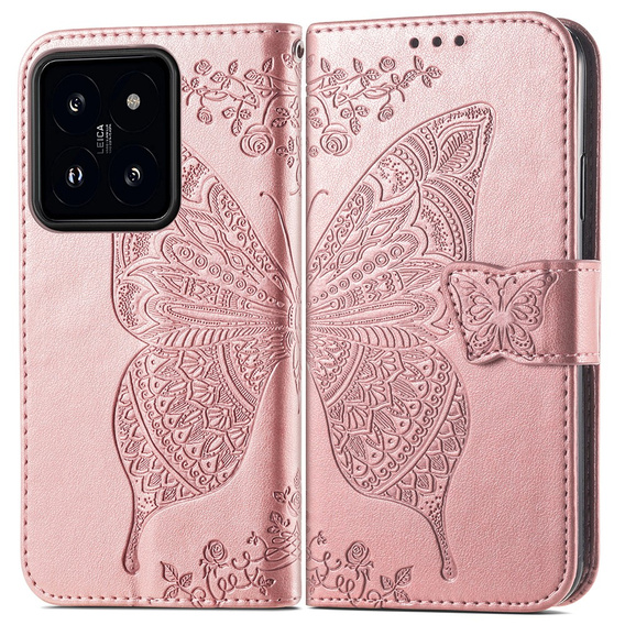 Klopové pouzdro pro Xiaomi 14T, Butterfly, růžové rose gold