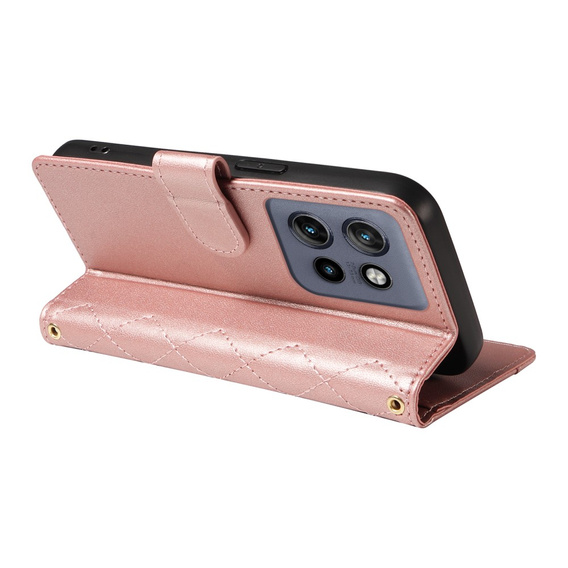 Pouzdro s klopou pro Motorola Edge 50 Neo / Motorola ThinkPhone 25, Rhombus Crossbody Leather, růžové rose gold