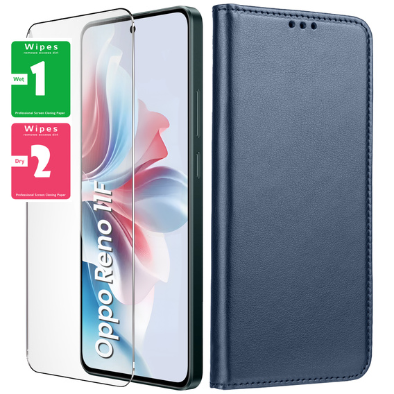 Klopové pouzdro pro Oppo Reno 11F 5G, Smart Magnetic, námořnicky modré + 9H sklo 