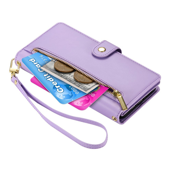 Klopové pouzdro pro Samsung Galaxy S25, Wallet Zipper Pocket, fialové