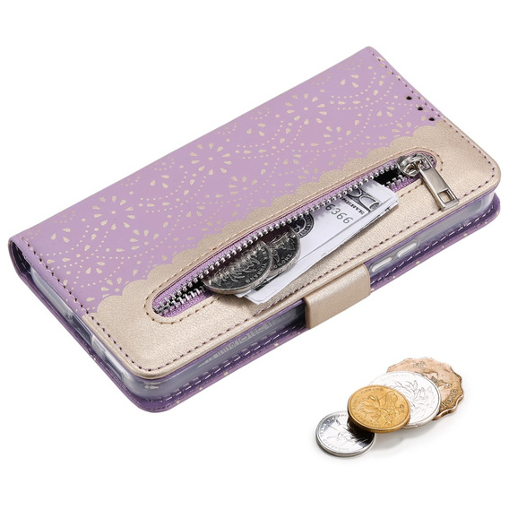 Flipové pouzdro pro Samsung Galaxy S22+ Plus 5G, Wallet Pocket Zipper Lace, fialové