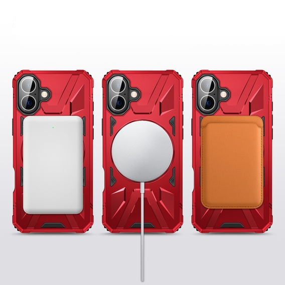 Pouzdro pro iPhone 16, pancéřované se stojánkem a deskou na rukojeť, červené