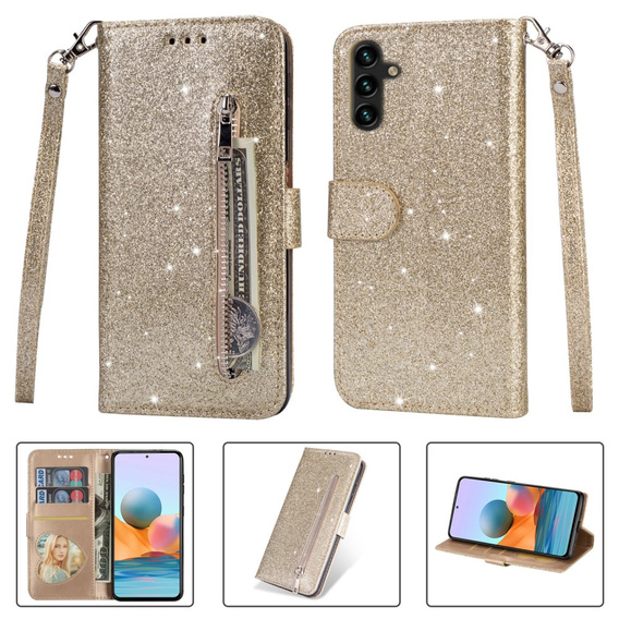 Klopové pouzdro pro Samsung Galaxy A55, Wallet Zipper Pocket Glittery, zlaté