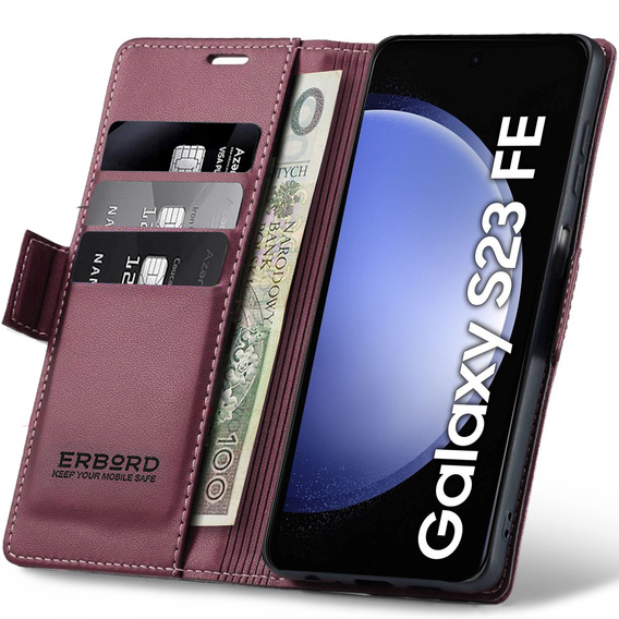 Pouzdro pro Samsung Galaxy S23 FE, ERBORD Glossy Litchi, flipová peněženka, červené
