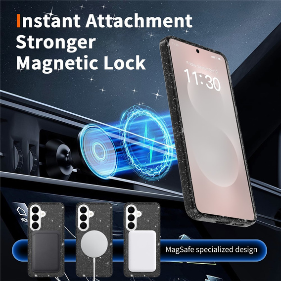 Brokatové pouzdro, pro MagSafe pro Samsung Galaxy S26, průhledné / černé