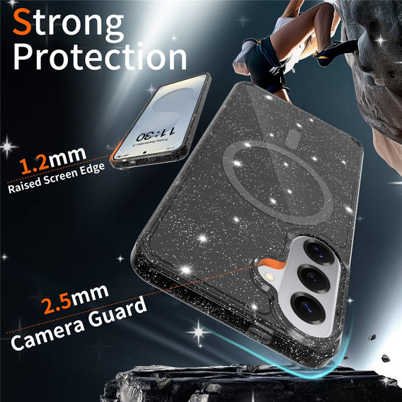 Brokatové pouzdro, pro MagSafe pro Samsung Galaxy S26 Plus, průhledné / černé