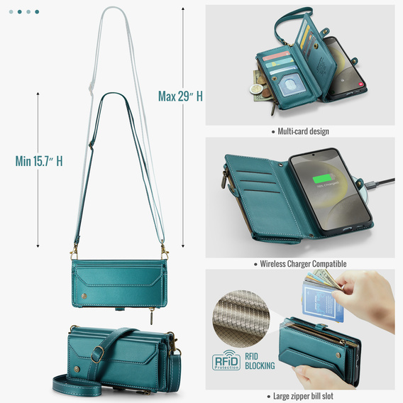 Pouzdro CASEME pro Samsung Galaxy S25 FE, RFID Leather Wallet, s popruhem přes rameno, zelené