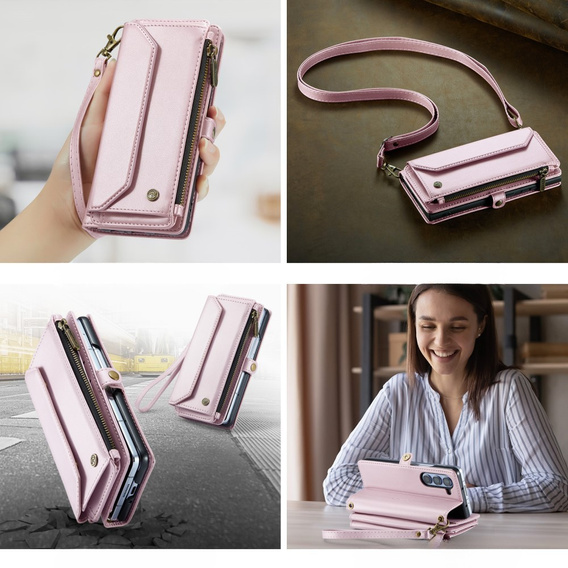 Pouzdro CASEME pro Samsung Galaxy Z Fold6 5G, RFID Leather Wallet, s popruhem přes rameno, růžové