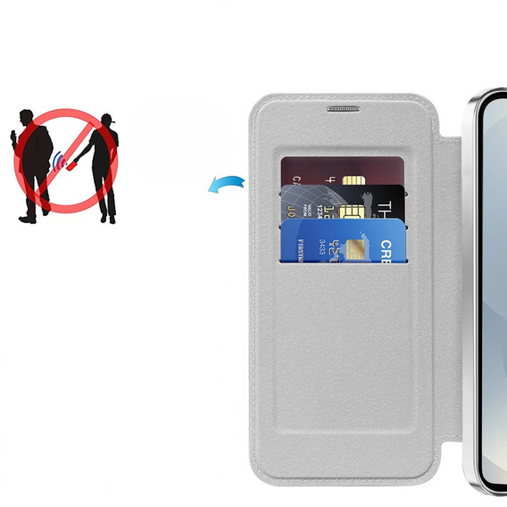 Klopové pouzdro pro Samsung Galaxy S25, RFID Wallet MagSafe CamShield, stříbrné
