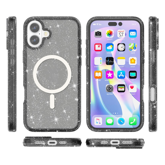 Pouzdro pro iPhone 17, pro MagSafe, třpytivé, průsvitné černé
